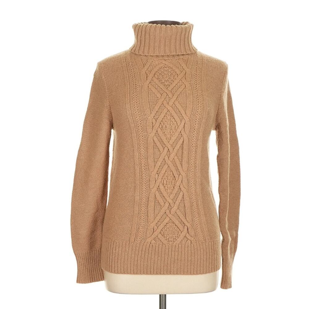 J.Crew Cable-Knit Turtleneck Sweater Wool Blend camel tan Sz L Capsule‎ Wardrobe